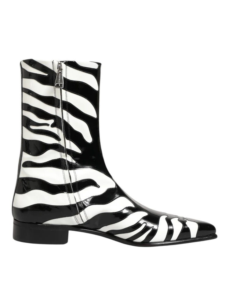 Black White Zebra Leather Mid Calf Boots Shoes