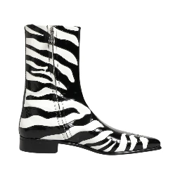 Black White Zebra Leather Mid Calf Boots Shoes
