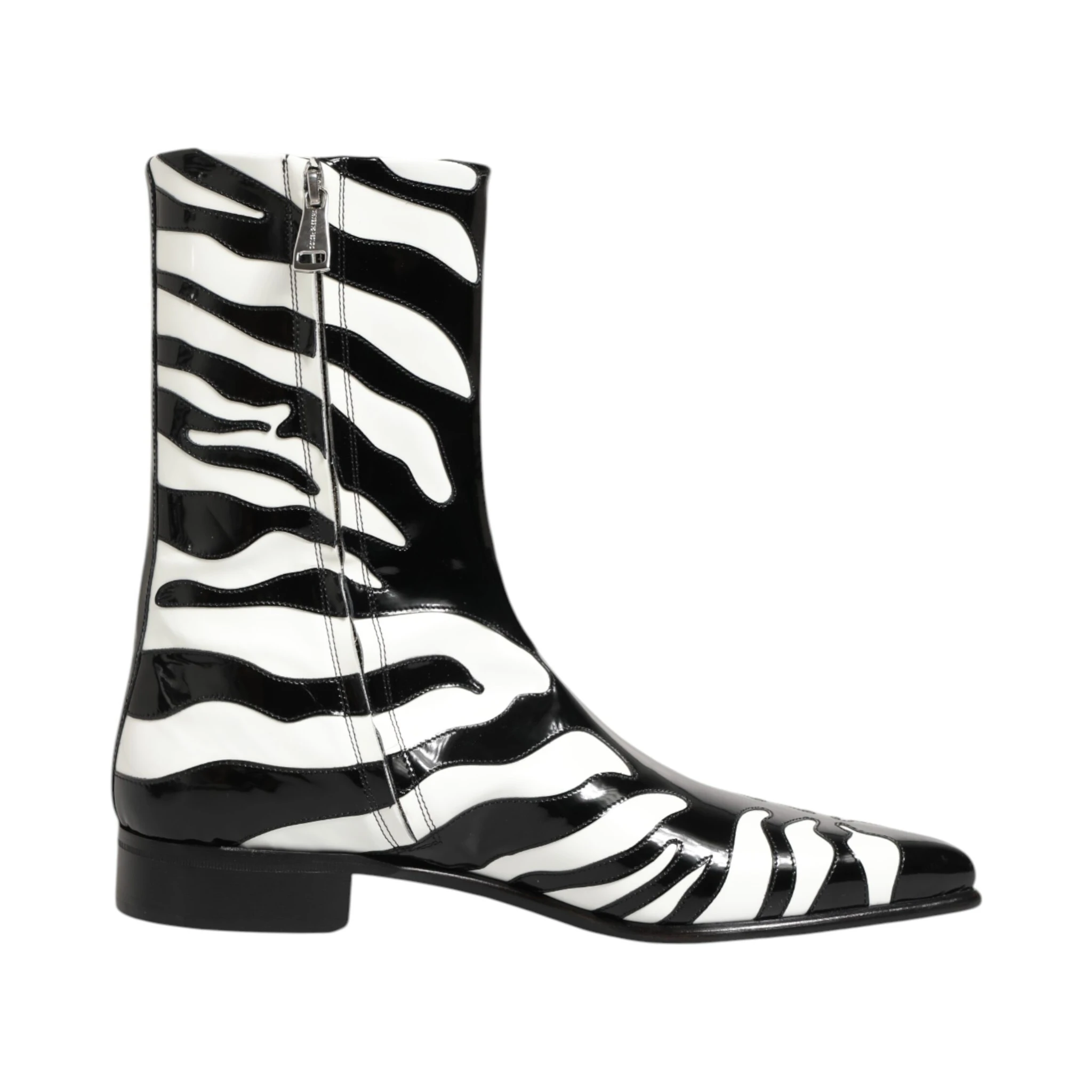 Black White Zebra Leather Mid Calf Boots Shoes