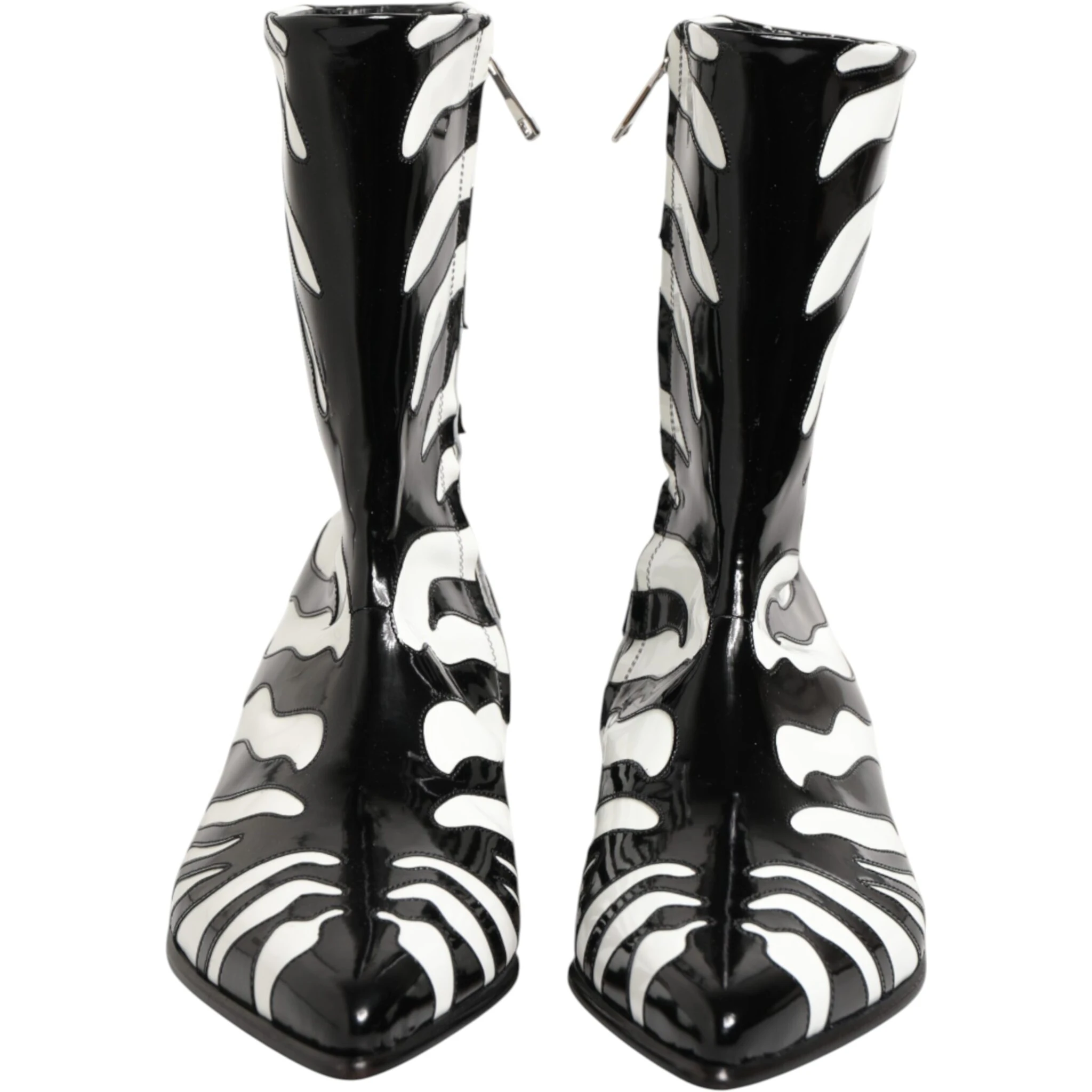 Black White Zebra Leather Mid Calf Boots Shoes
