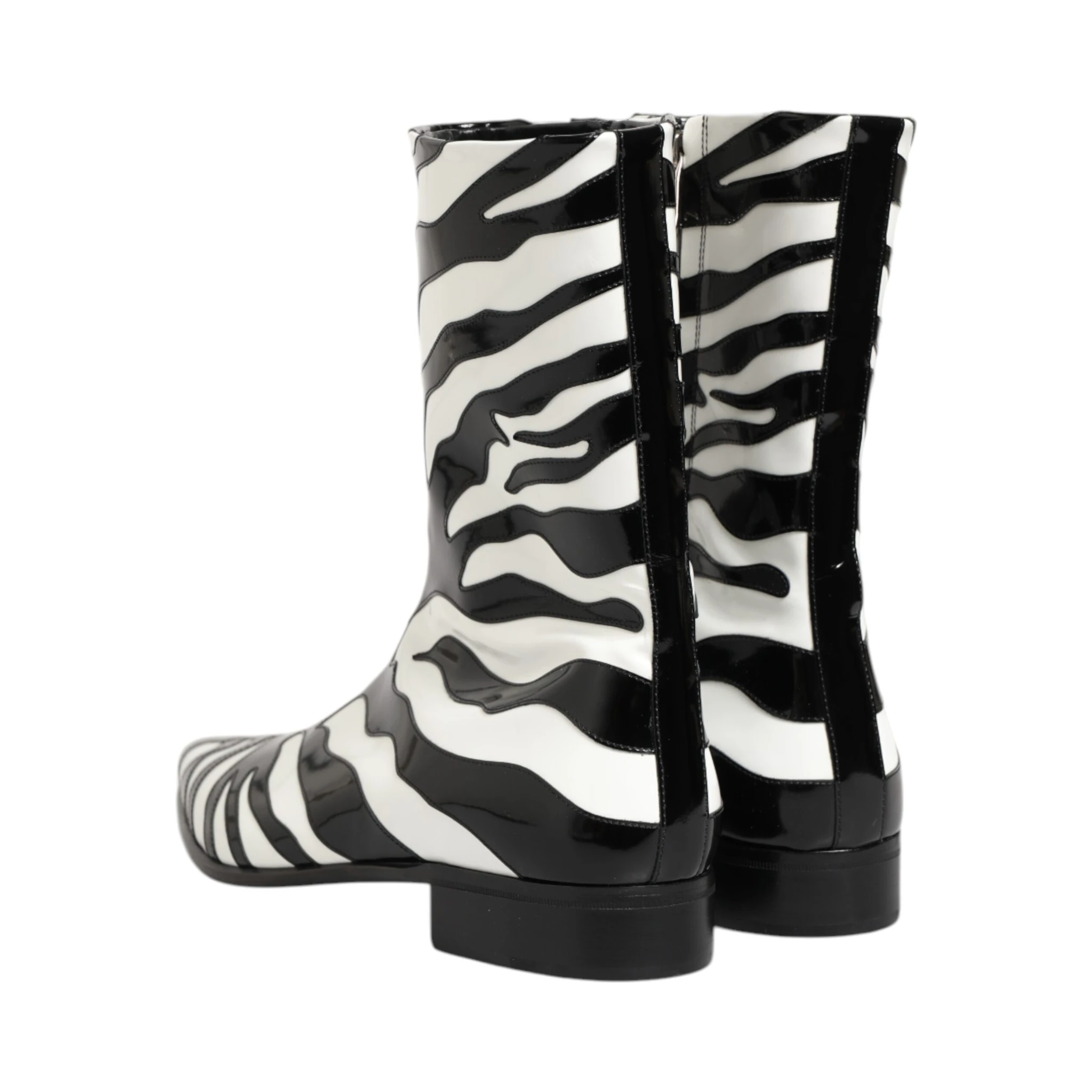 Black White Zebra Leather Mid Calf Boots Shoes