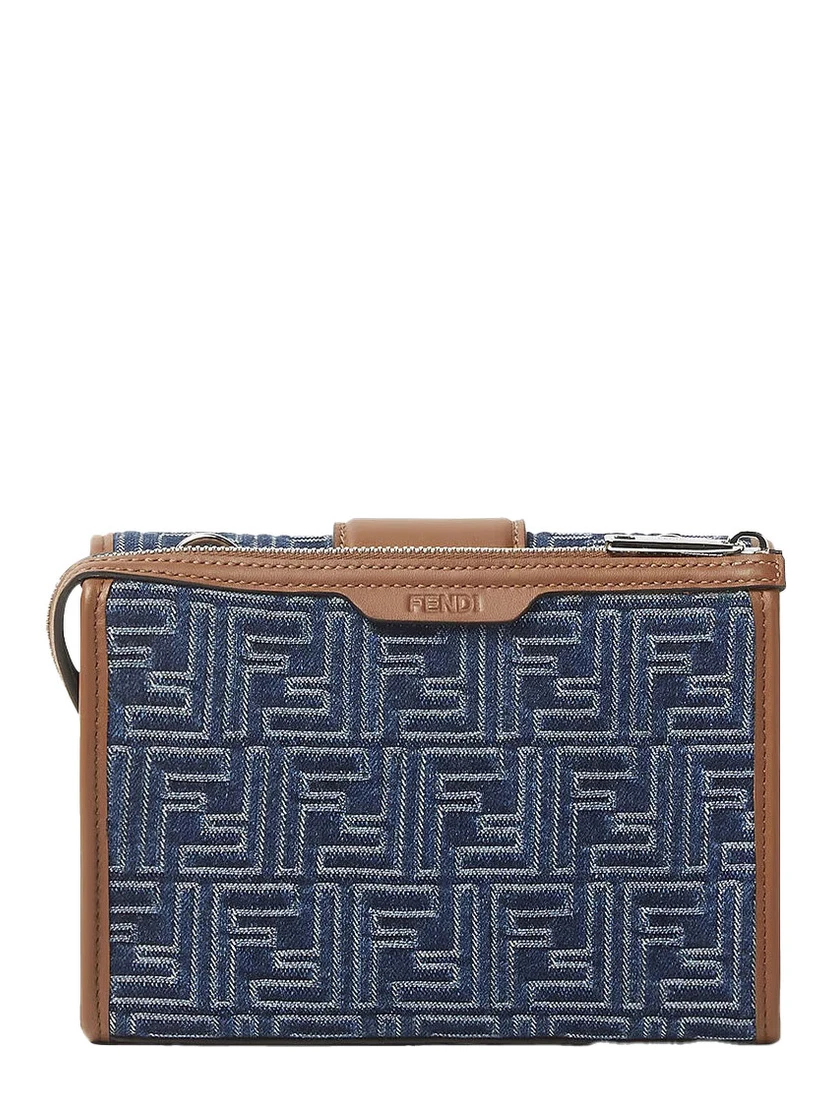 Baguette Double Blue Crossbody Bag With Magnetic FF Closure And All-Over Motif In Blue Cotton Man