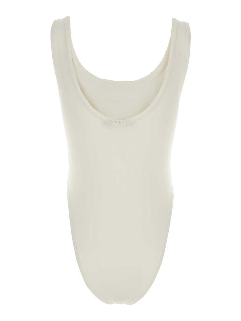 White Bodysuit with Round Neck in Silk Blend Stretch Woman