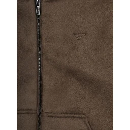 Brown Jacket with Fixed Hood and Logo Embroidery on the Front in Tech Fabric Boy