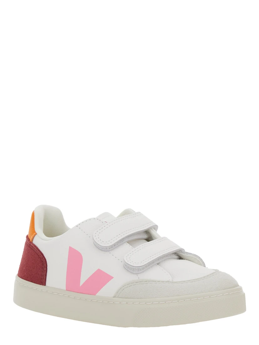 V-12 White Low Top Sneakers with Logo Patch on the Side and Contrasting Heel with Logo Lettering in Leather Girl