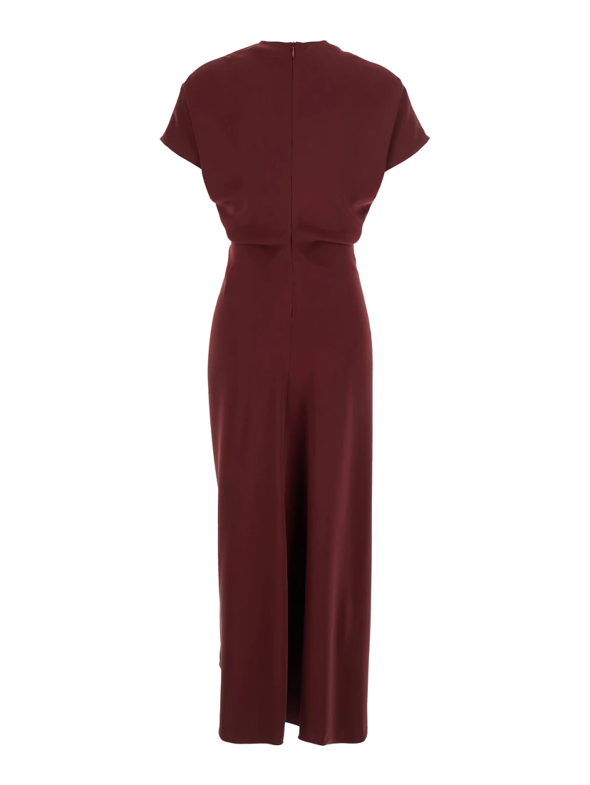 Bordeaux Dress with V Neck and Short Sleeves in Tech Fabric Woman