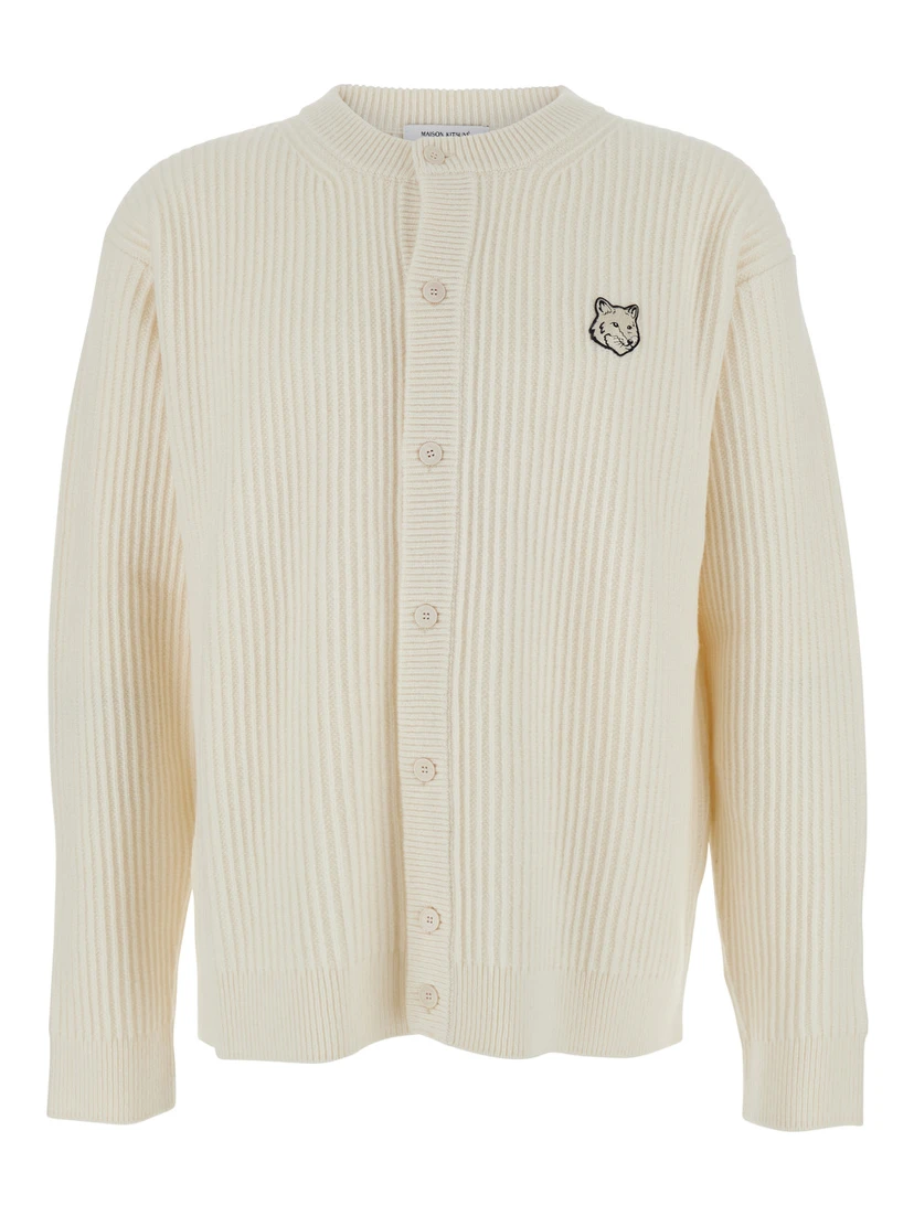 Beige Ribbed Knit Crewneck Cardigan with Logo Embroidery on the Front in Wool Man