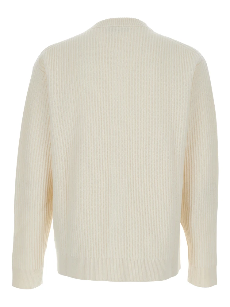 Beige Ribbed Knit Crewneck Cardigan with Logo Embroidery on the Front in Wool Man alternative