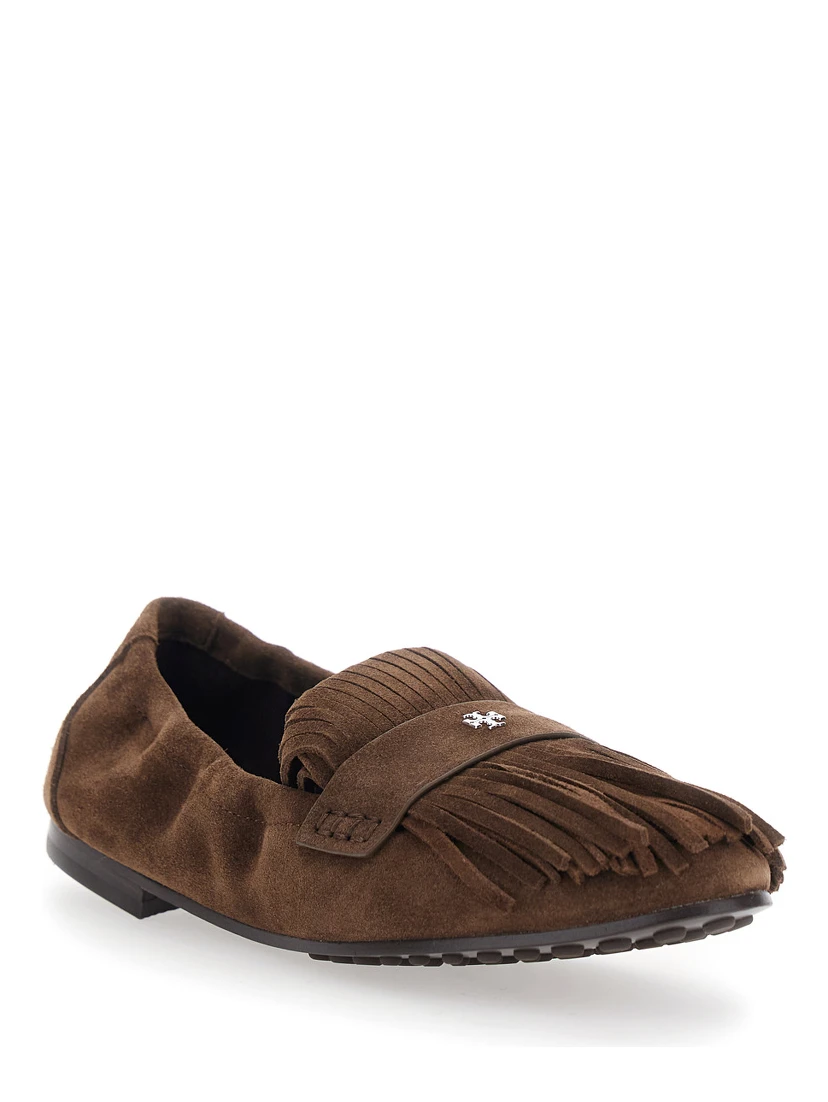 Brown Loafers with Fringe and Metallic Logo in Suede Woman