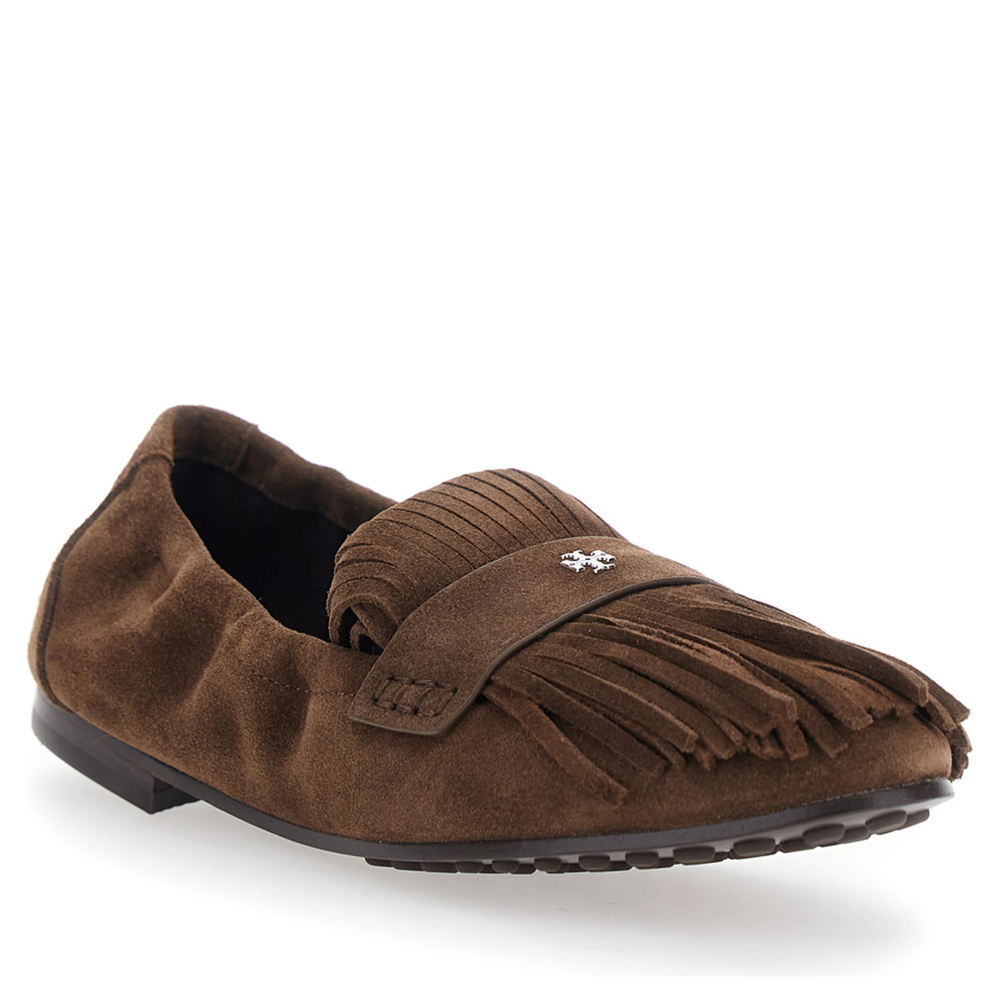 Brown Loafers with Fringe and Metallic Logo in Suede Woman