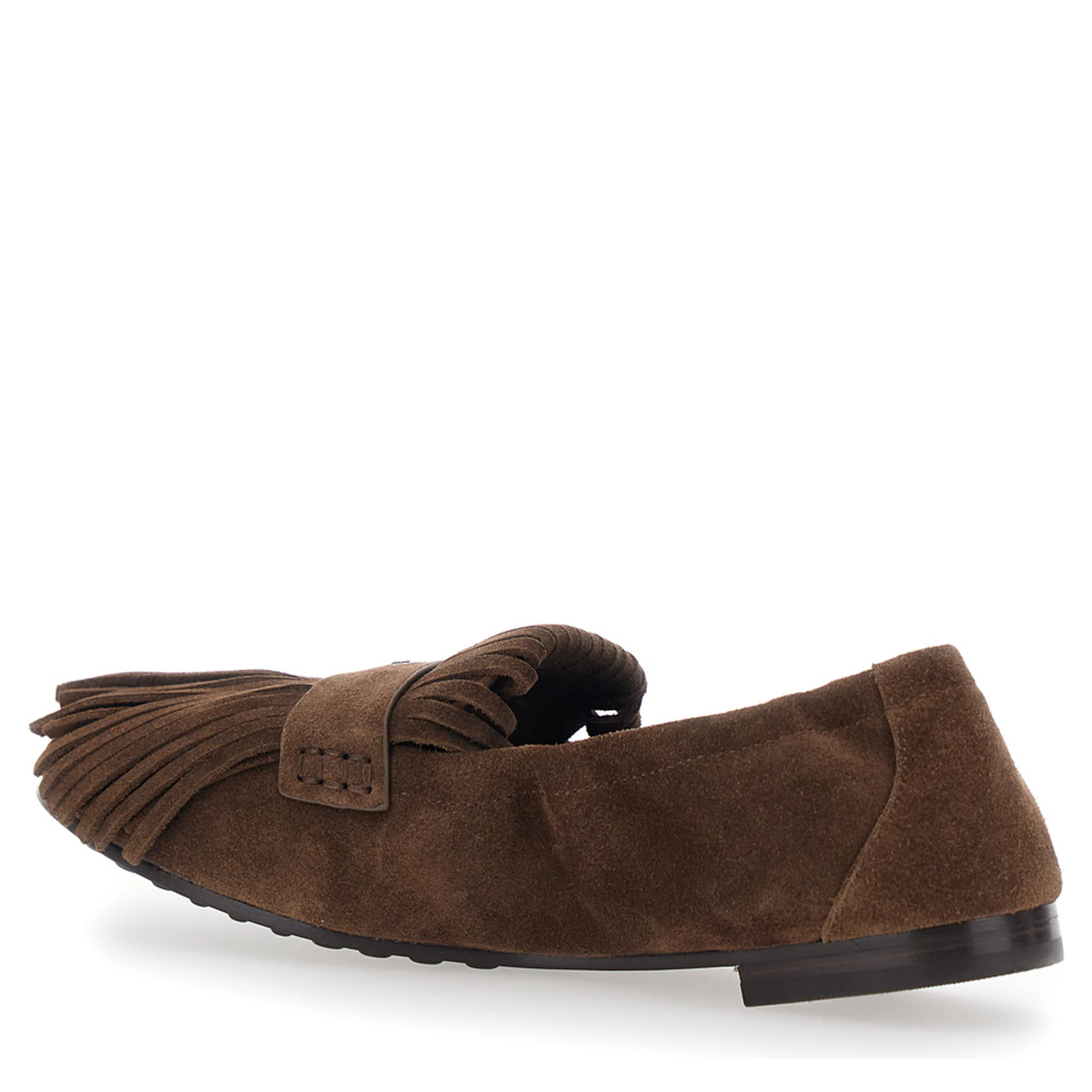 Brown Loafers with Fringe and Metallic Logo in Suede Woman