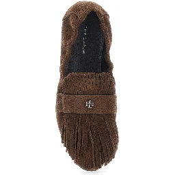 Brown Loafers with Fringe and Metallic Logo in Suede Woman