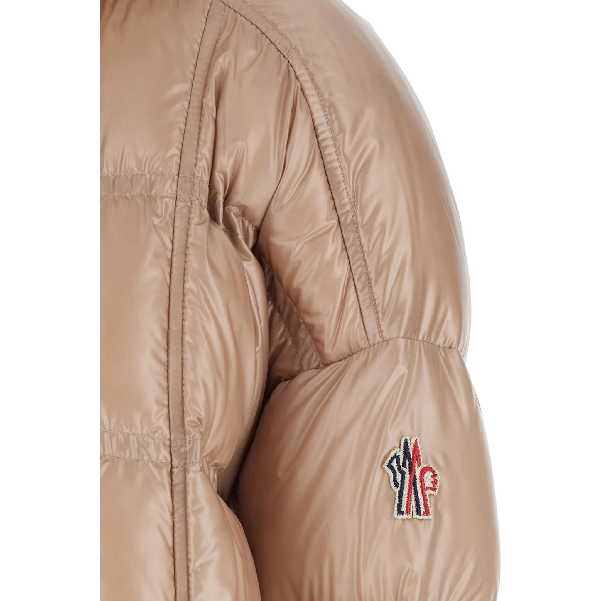 Rochelairs Beige Down Jacket with Drawstring Hood and Logo Patch on the Sleeve in Tech Fabric Woman
