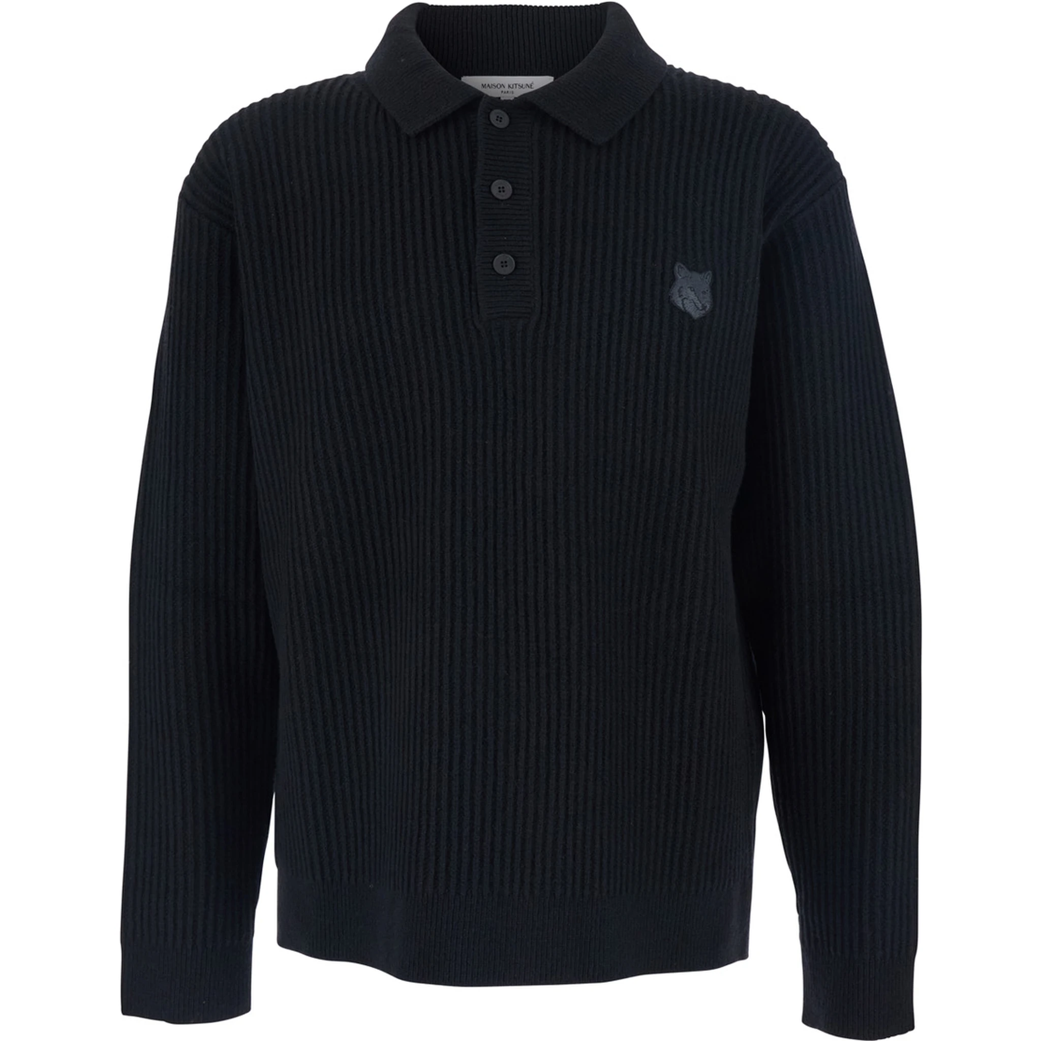 Black Ribbed Sweater with Front Logo Patch in Cotton Man