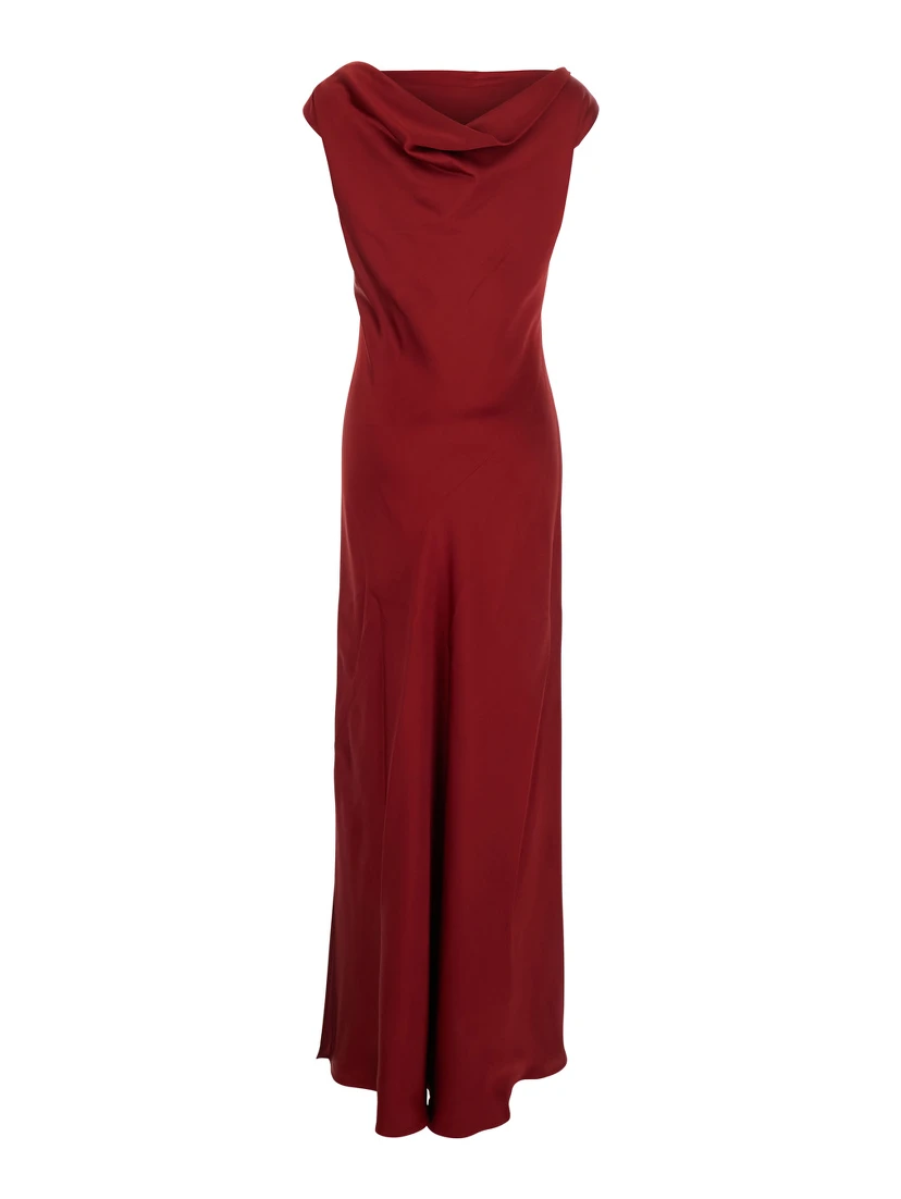 Mara Red Long Dress with Draped Neckline in Acetate Blend Woman
