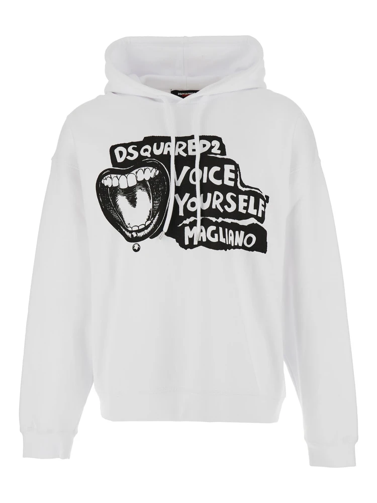 D2 x Magliano White Hoodie with Drawstring Hood with Maxi Print on the Front in Cotton Man