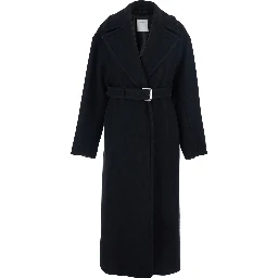 Black Coat with Classic Lapels and Waist Belt in Wool Woman