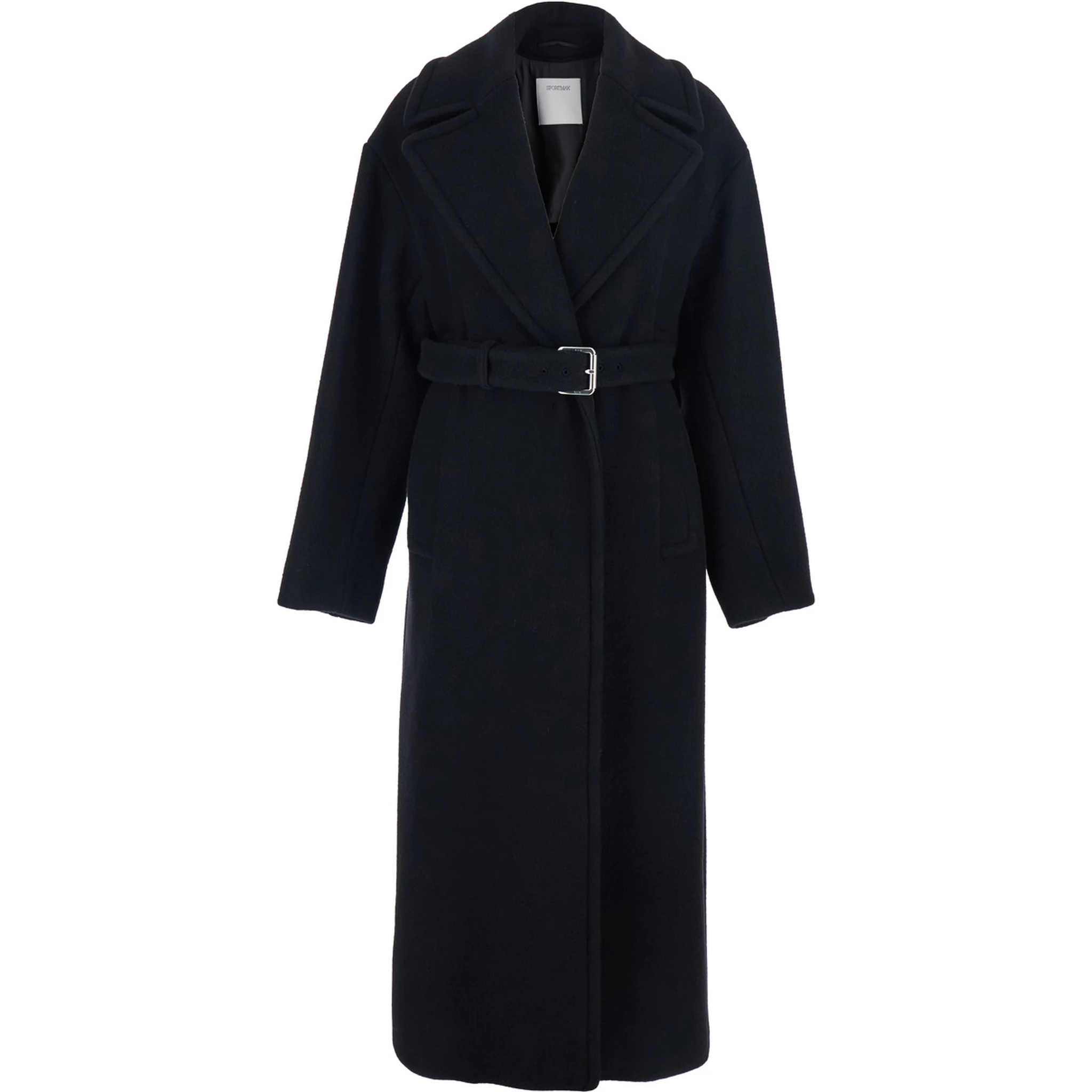 Black Coat with Classic Lapels and Waist Belt in Wool Woman