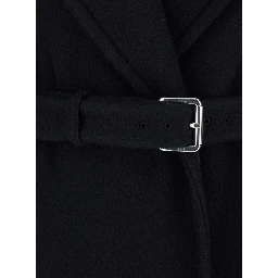 Black Coat with Classic Lapels and Waist Belt in Wool Woman