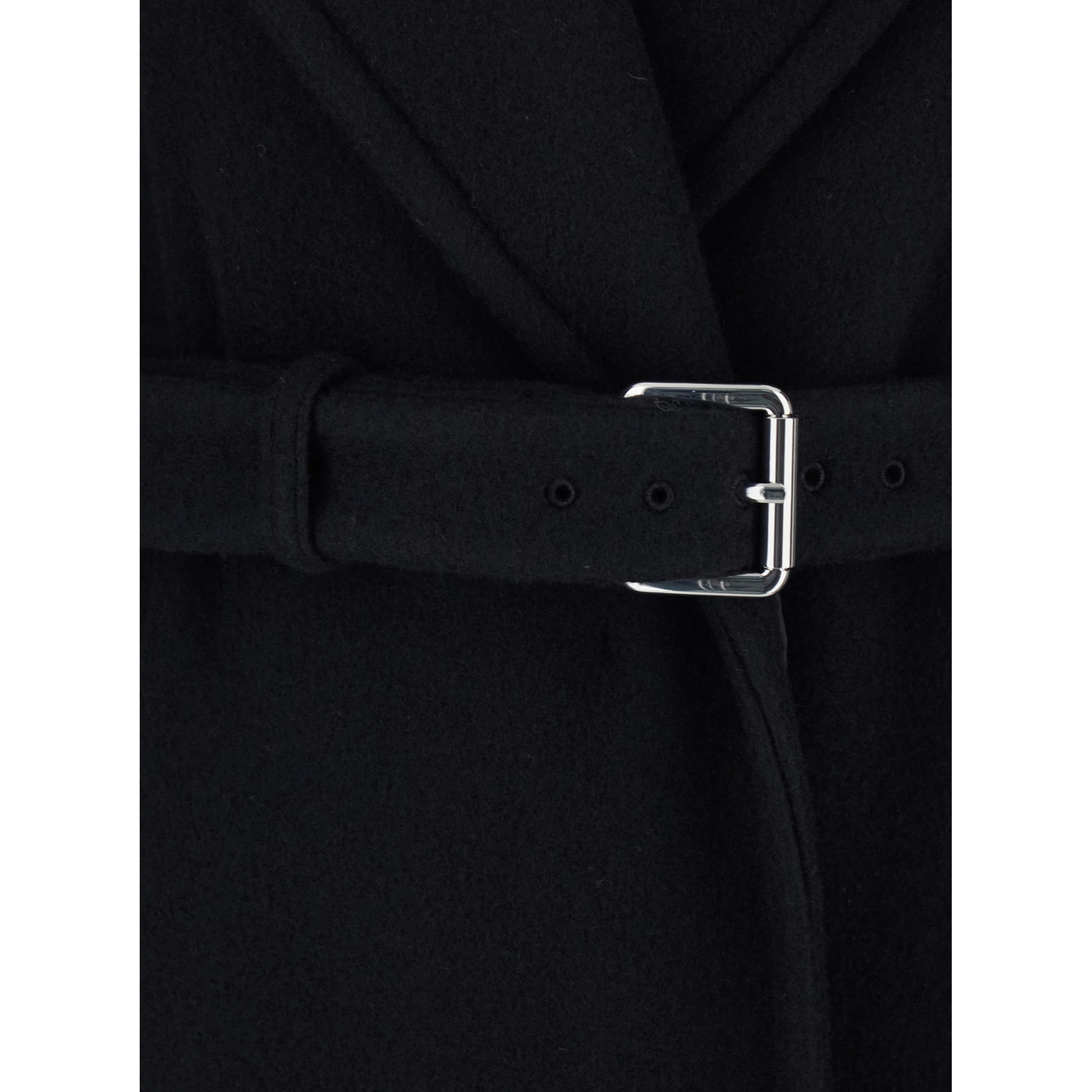 Black Coat with Classic Lapels and Waist Belt in Wool Woman