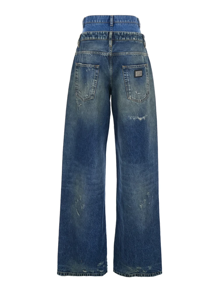 Blue Jeans with Layered Design and Distressed and Ripped Effect in Denim Woman alternative