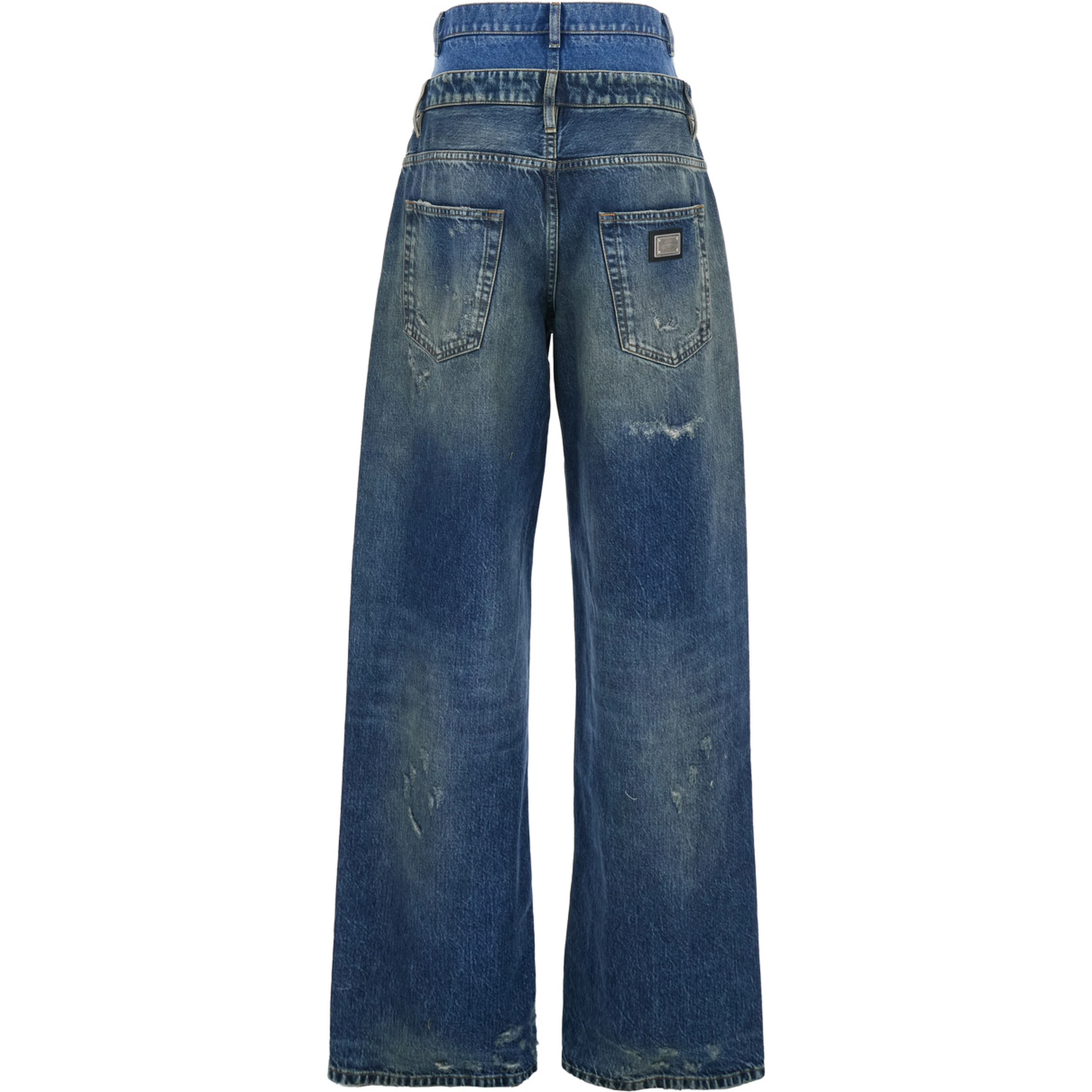 Blue Jeans with Layered Design and Distressed and Ripped Effect in Denim Woman