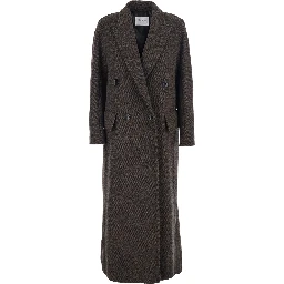 Arco Brown Double-Breasted Coat with Peak Revers and Half Belt in Wool and Cashmere Woman
