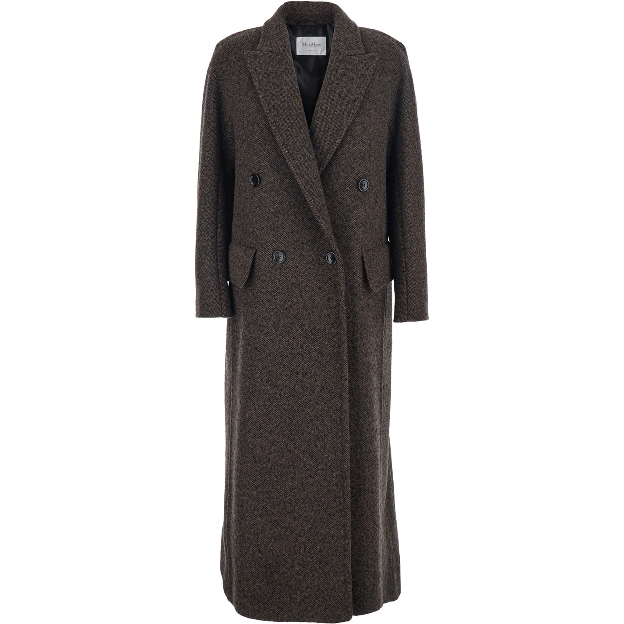 Arco Brown Double-Breasted Coat with Peak Revers and Half Belt in Wool and Cashmere Woman