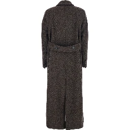 Arco Brown Double-Breasted Coat with Peak Revers and Half Belt in Wool and Cashmere Woman