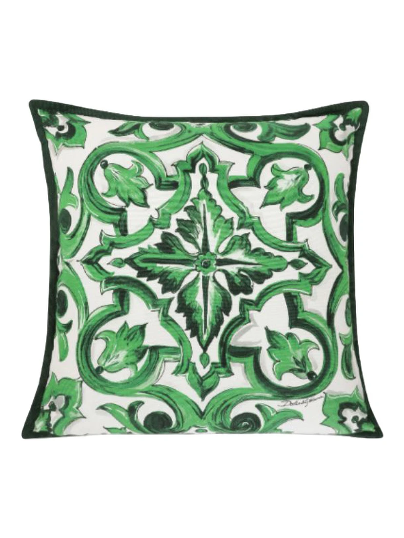 Green and White Small Cushion with All-Over Print in Cotton Home