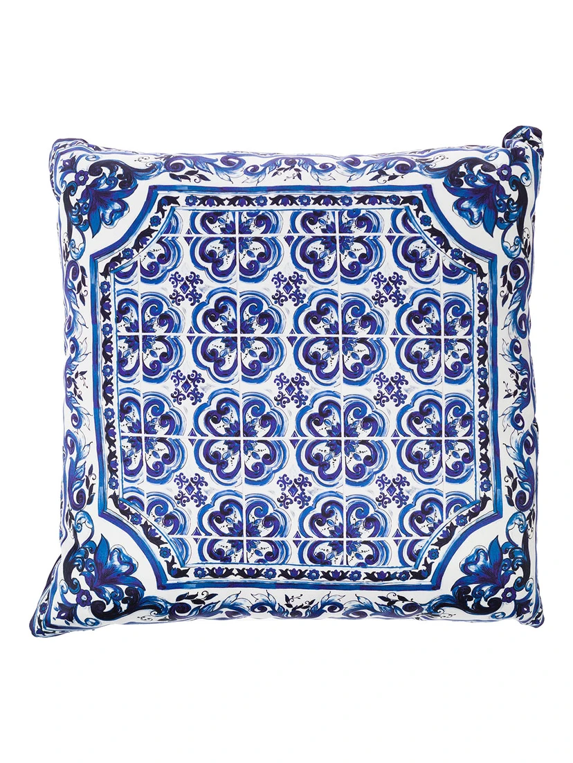 Blue and White Small Cushion with Blue Mediterranean Print in Duchesse Cotton Dolce & Gabbana