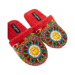 Red Slippers with Carretto Siciliano Print in Cotton Home