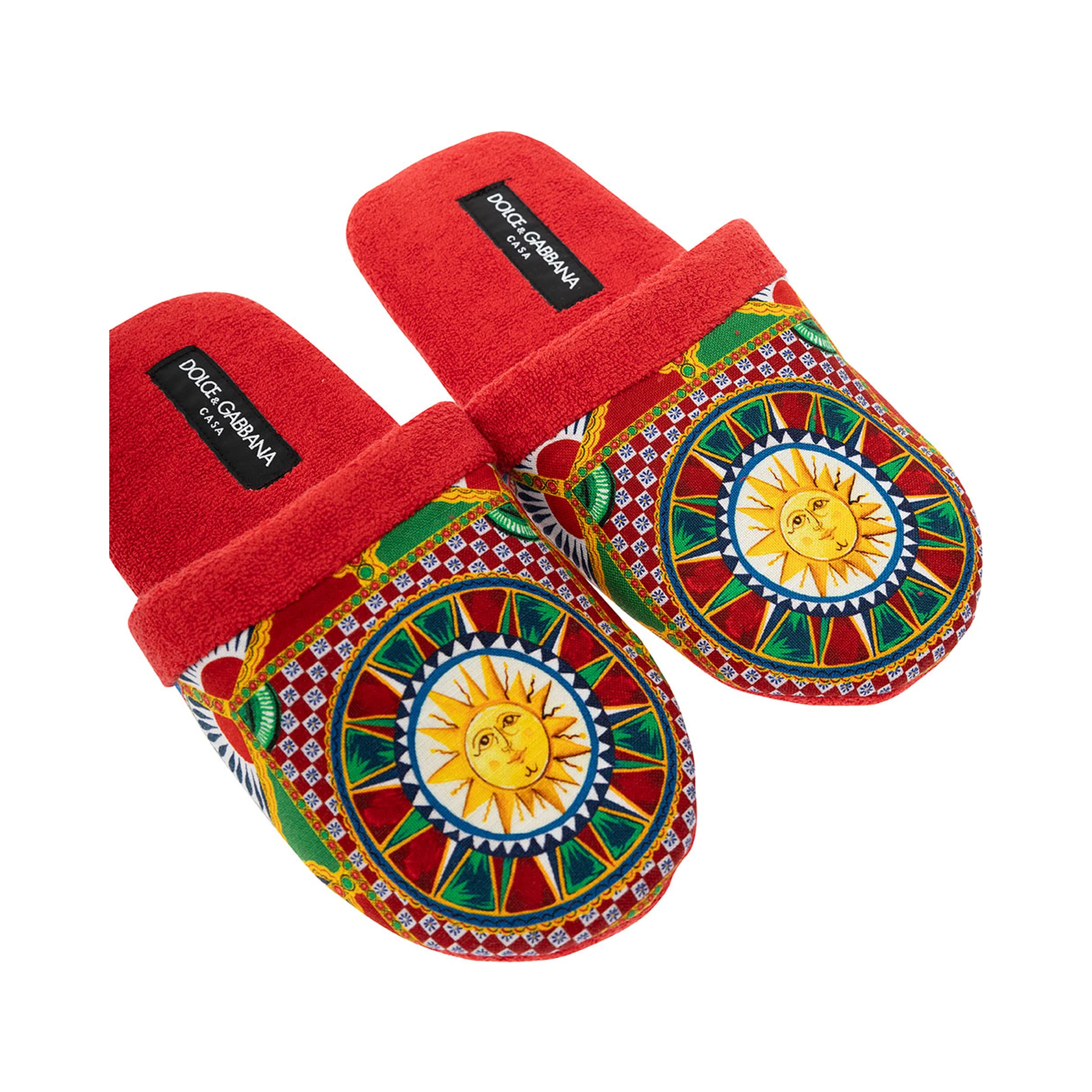 Red Slippers with Carretto Siciliano Print in Cotton Home