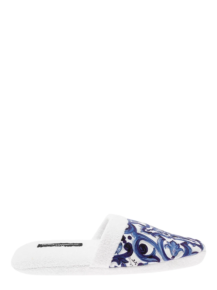 White Slippers with Carretto Siciliano Print in Cotton Home