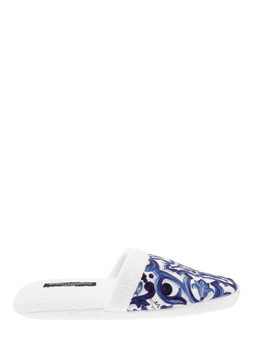 White Slippers with Carretto Siciliano Print in Cotton Home
