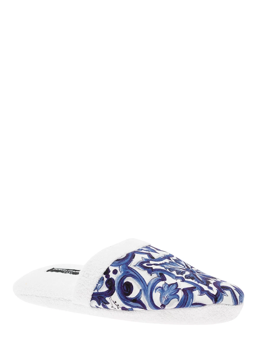 White Slippers with Carretto Siciliano Print in Cotton Home