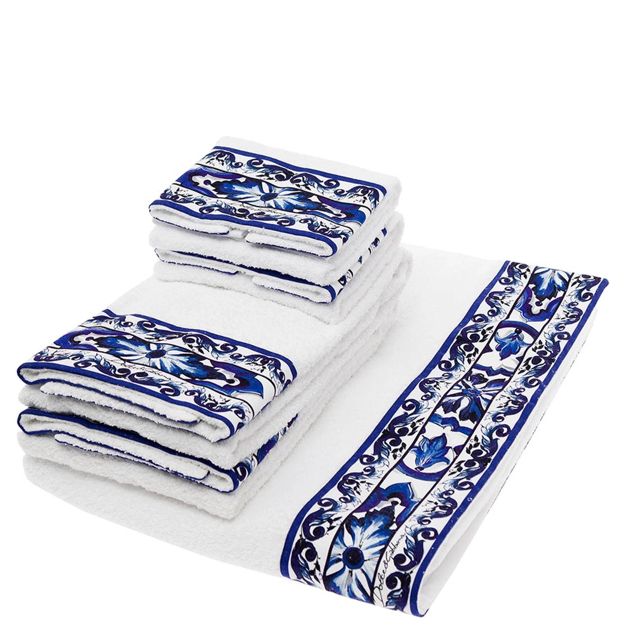 Set of 5 White and Blue Towels with Mediterraneo Print in Cotton Dolce & Gabbana