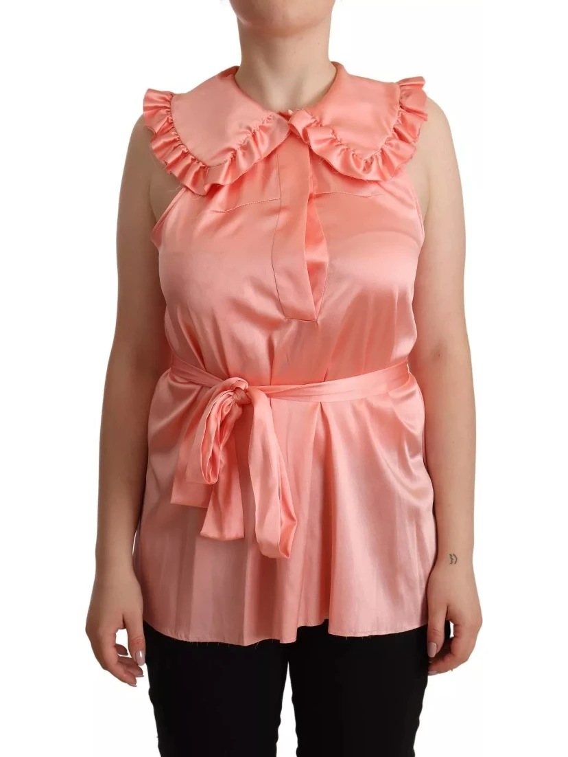 Pink Silk Stretch Sleeveless Collared Top Blouse
