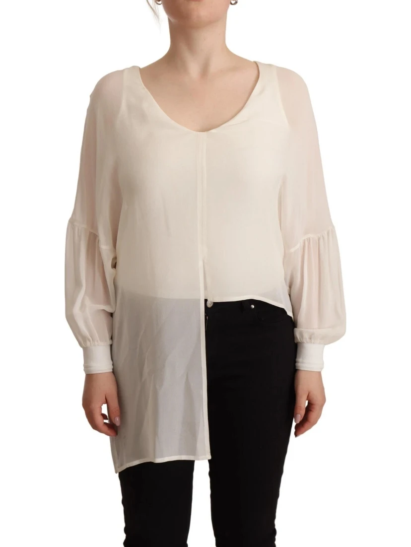 Off White Silk Long Sleeves Deep Vneck Top