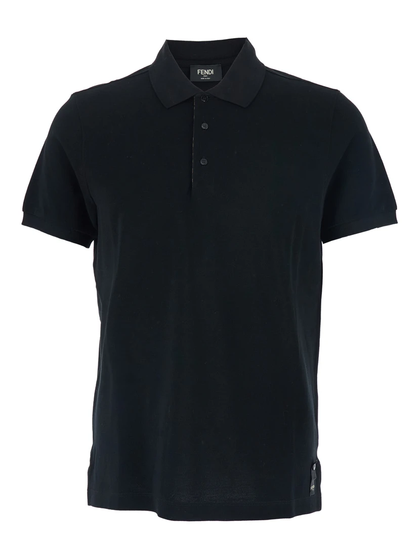 Black Polo Shirt with Logo Patch on the Front in Cotton Pique Man