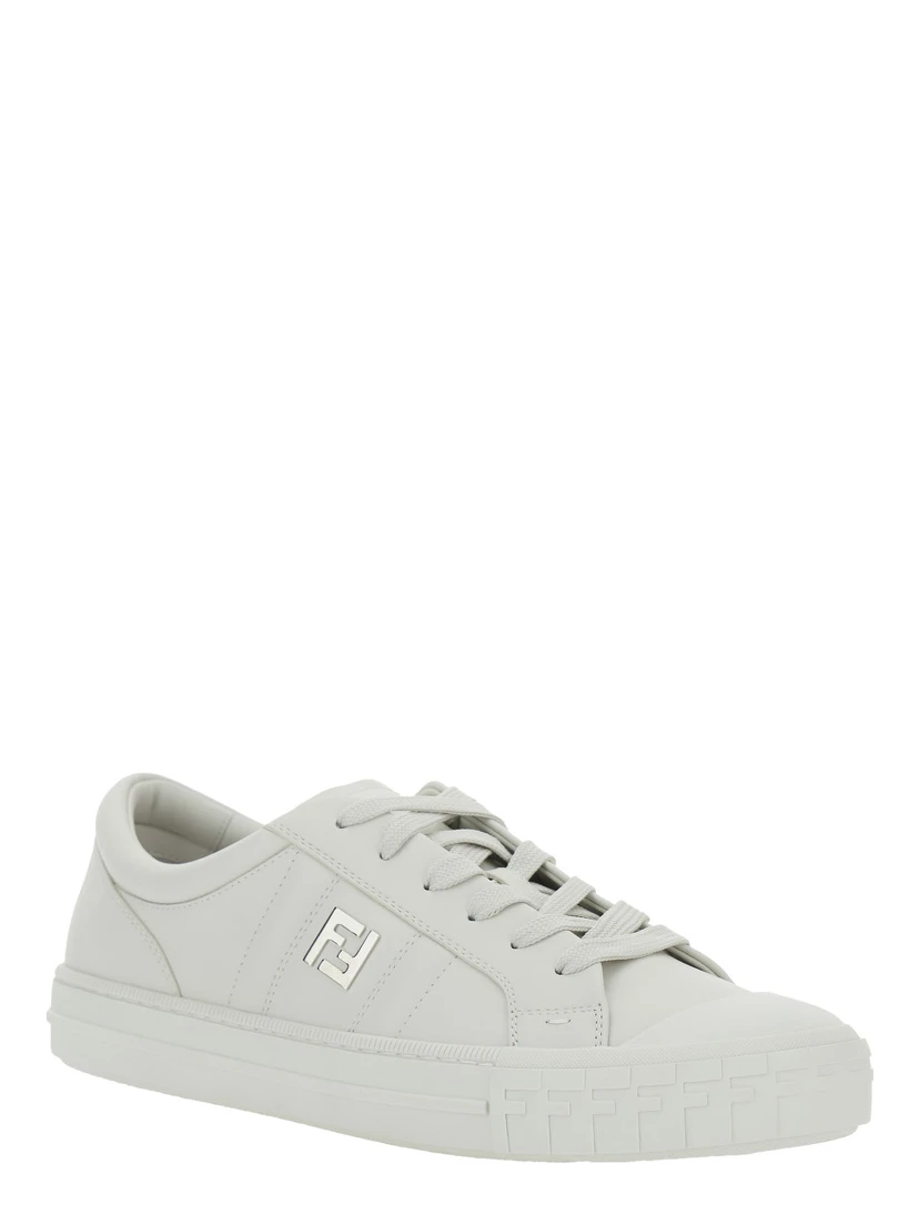 “Domino” White Low-Top Sneakers with Metallic Logo on the Side in Leather Man
