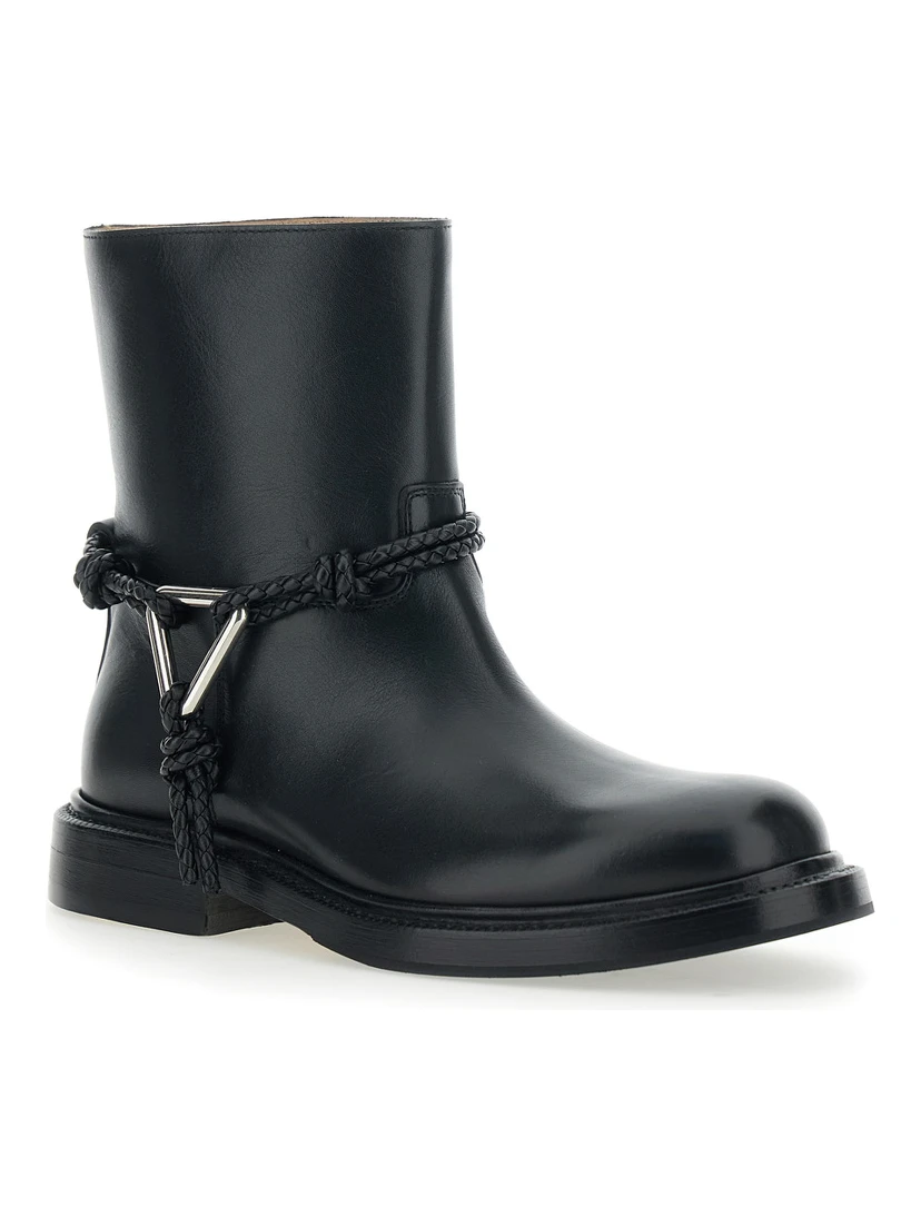 Black Ankle Boots with Metallic Detail on the Side and Applied Laces in Leather Woman