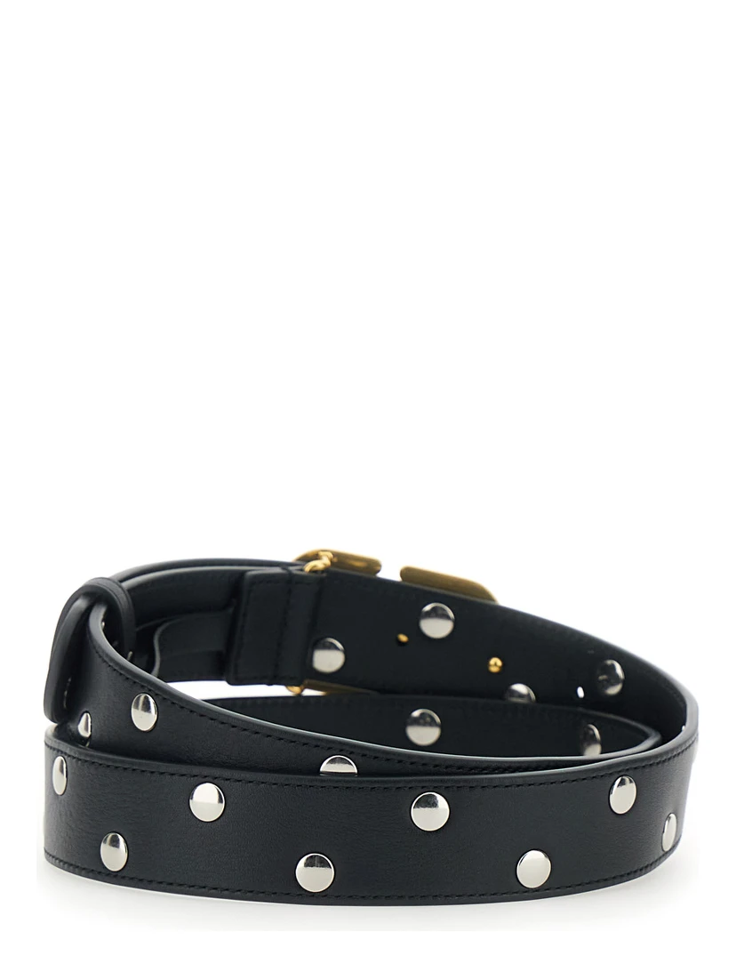 Black Belt with VLogo Buckle Closure and All-Over Stud Embellishments in Leather Woman