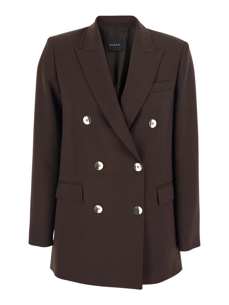 Brown Double-Breasted Jacket with Peak Revers in Wool Blend Woman
