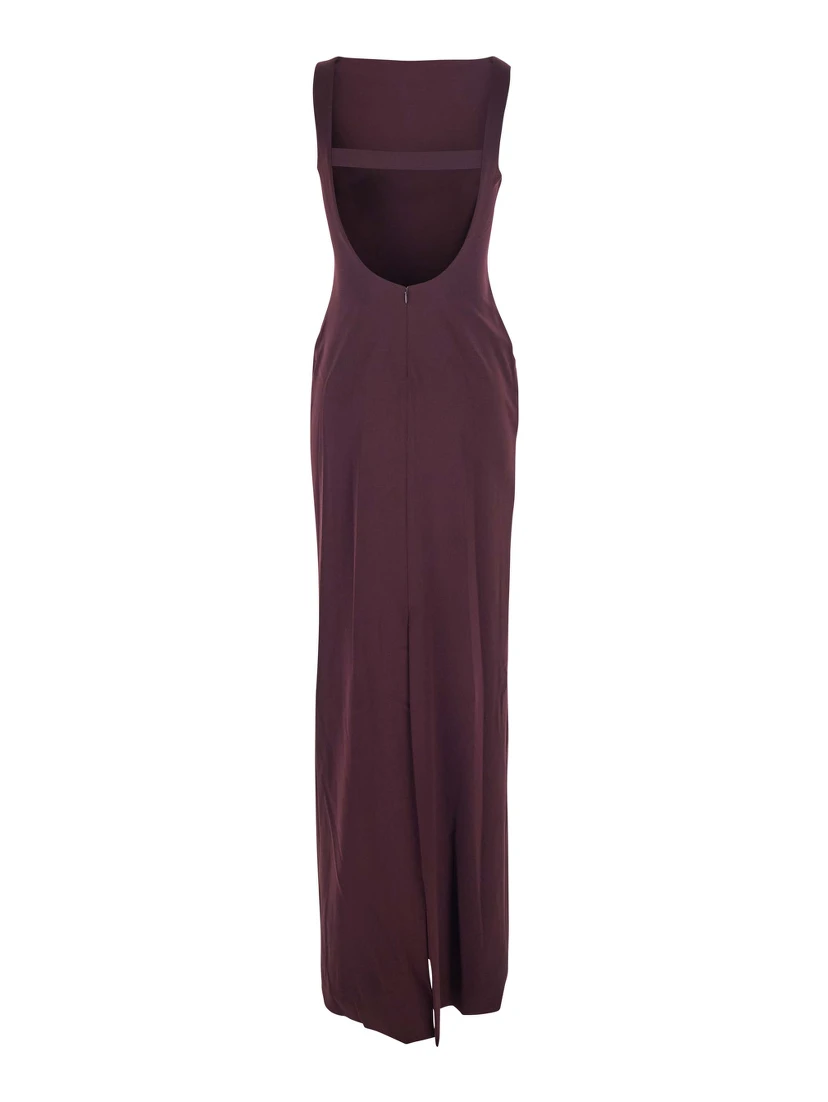 Bordeaux Long Dress with Square Neckline and Cut Out on the Back in Fabric Woman