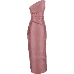 Kira Pink One-Shoulder Long Dress with Draped Details in Twill Woman
