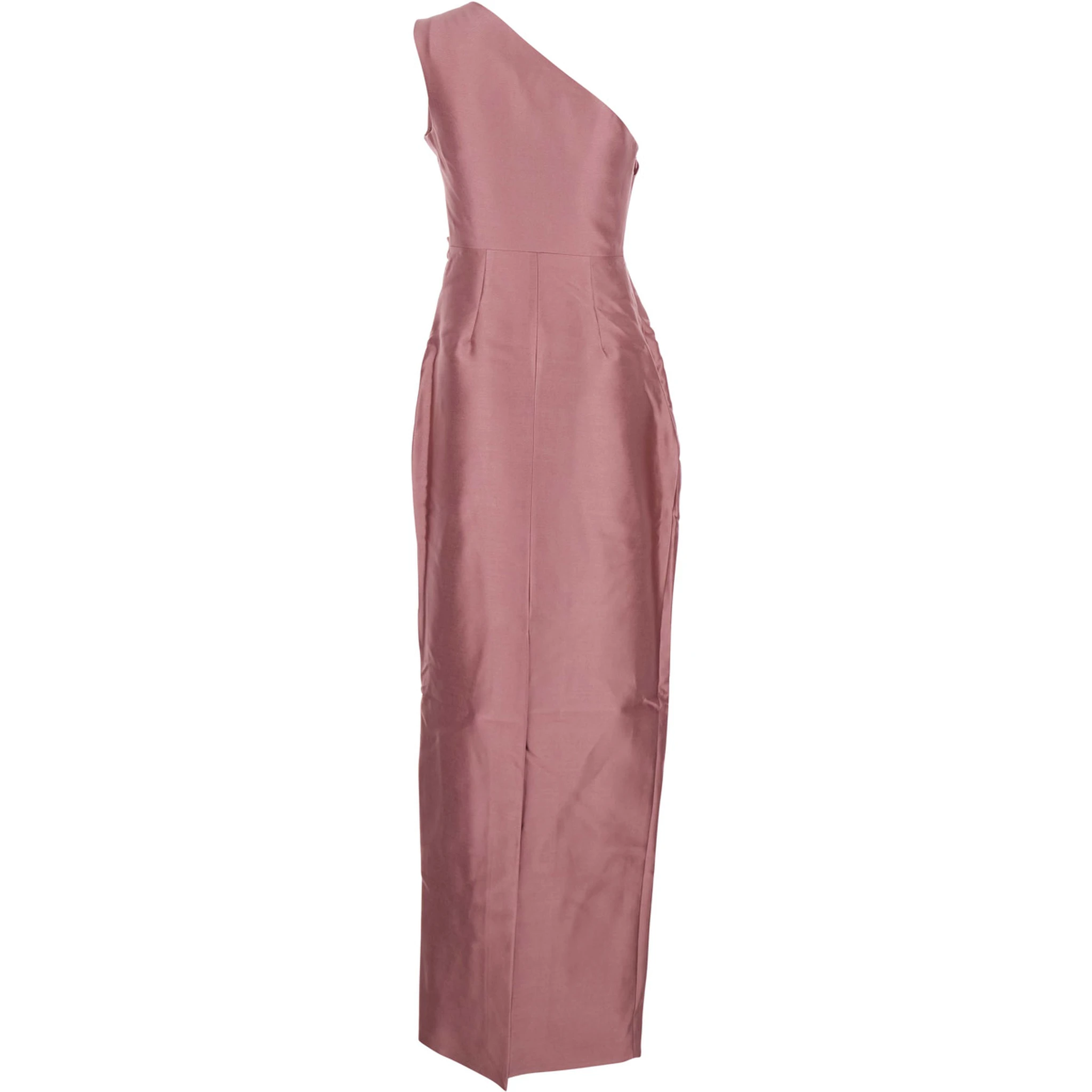 Kira Pink One-Shoulder Long Dress with Draped Details in Twill Woman