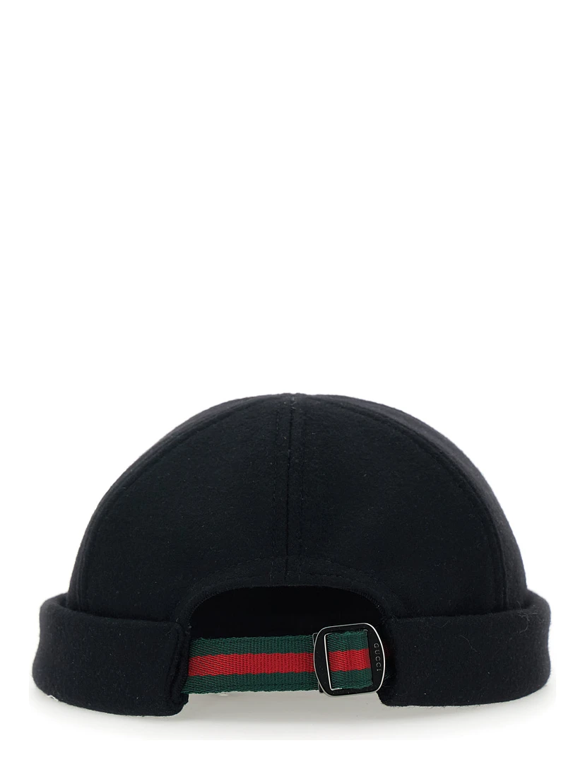Black Beanie with Logo Lettering and Rear Closure with Web Detail in Wool Man
