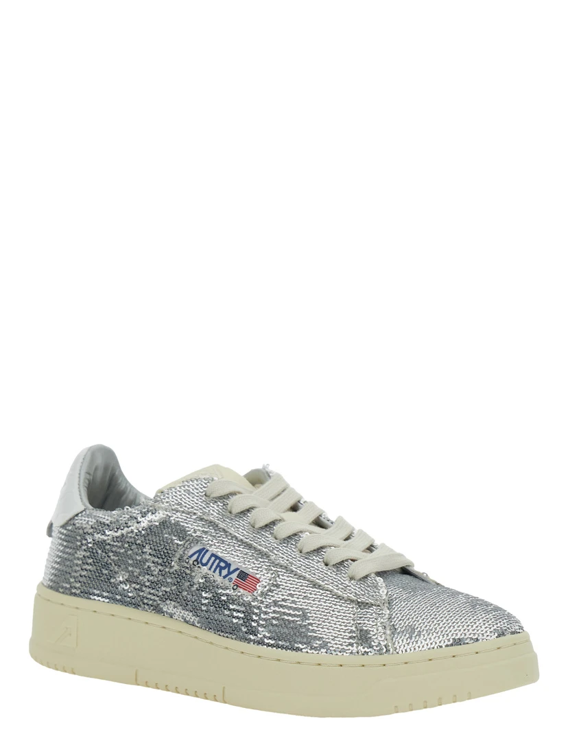 Medalist Silver-Colored Sneaker with Contrasting Heel and All-Over Bead Embellishment in Leather Blend Woman