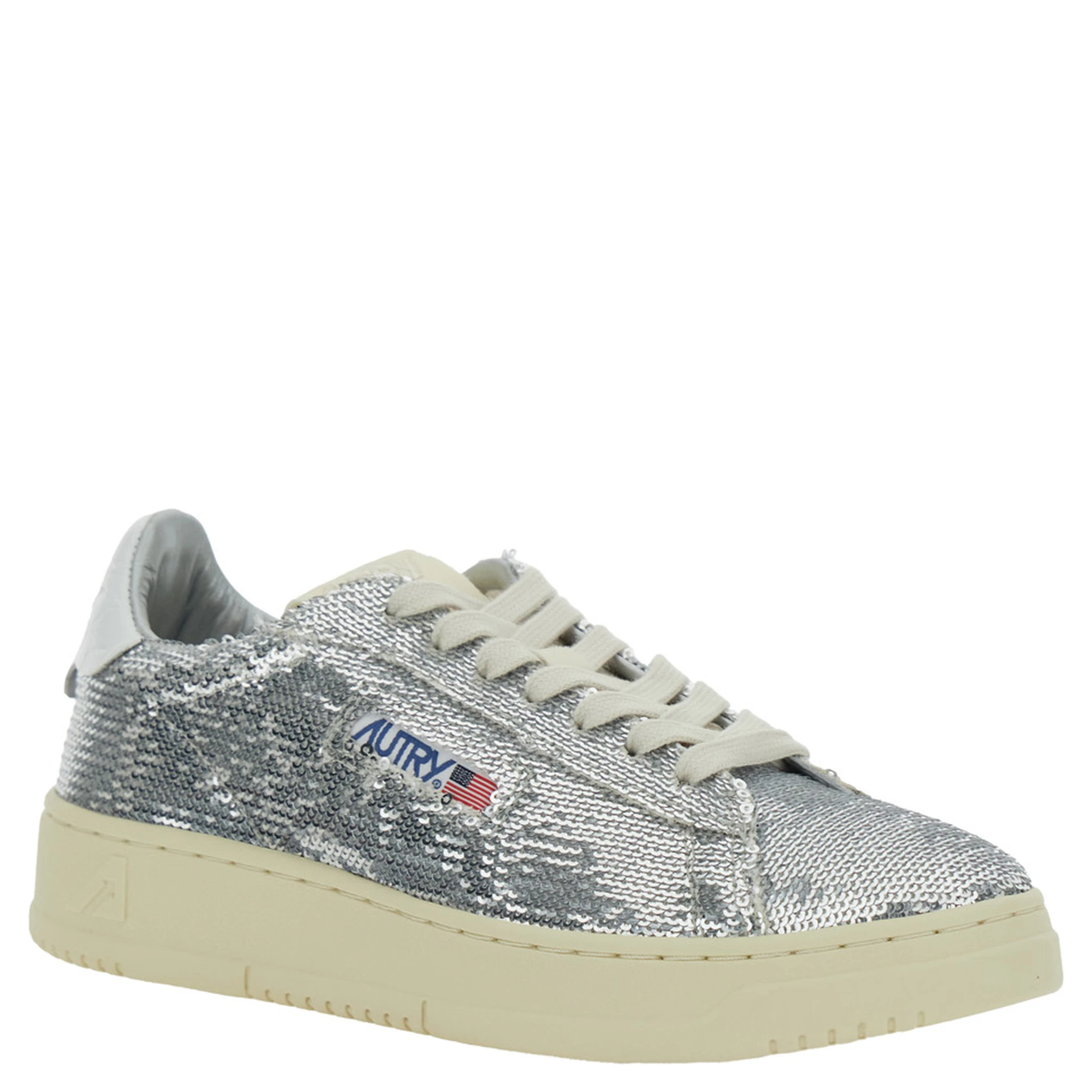 Medalist Silver-Colored Sneaker with Contrasting Heel and All-Over Bead Embellishment in Leather Blend Woman